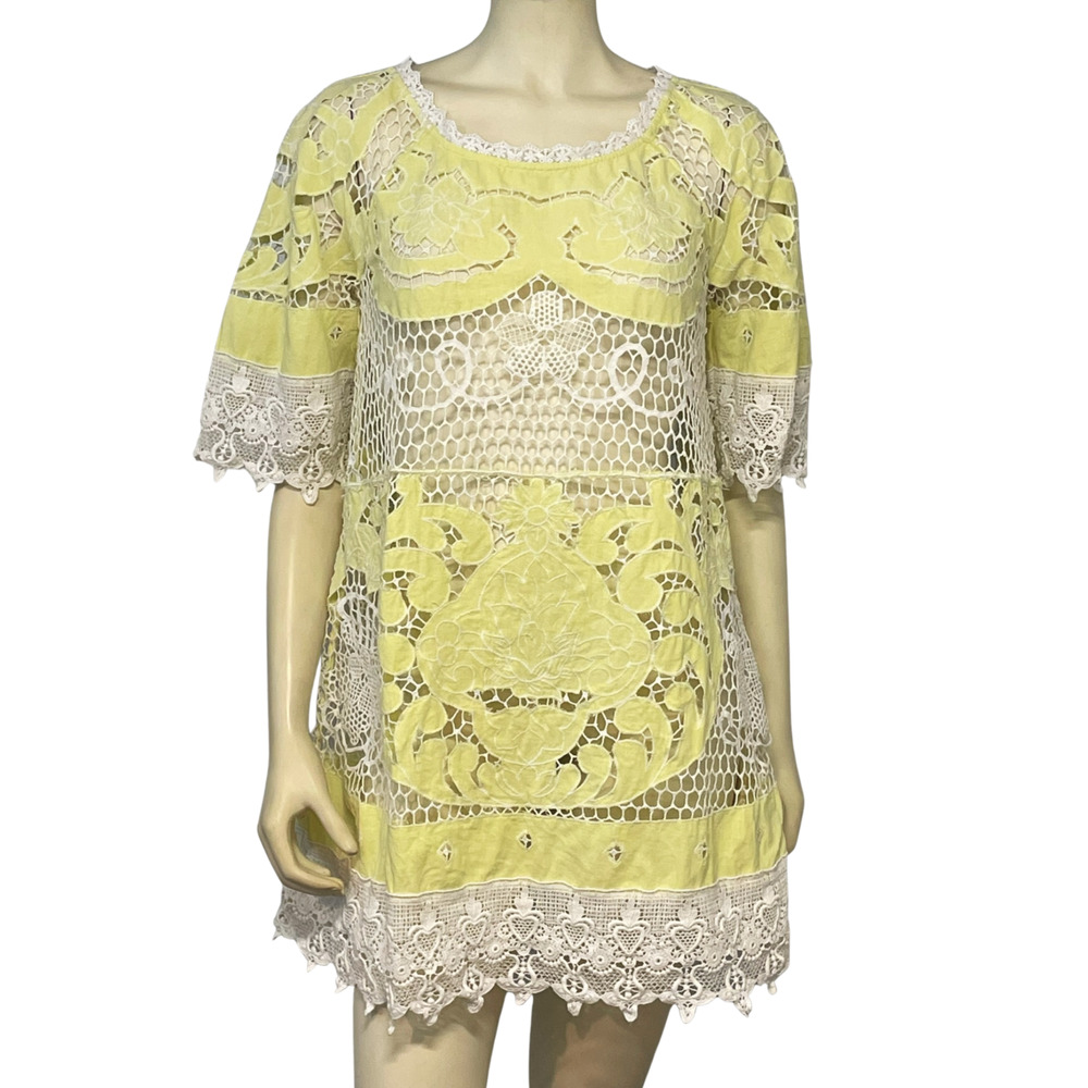 Moulinette Soeurs Sz 6 Venise Crochet Lace Shift Dress White & Yellow Romantic